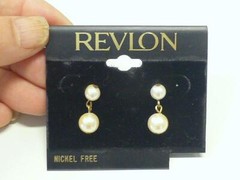 REVLON Designer Faux Pearl Nickel Free Dangling Earrings Mint on Card Estate