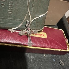 Vintage 925 Silver, Marcasite and Garnet Cross Pendant Necklace
