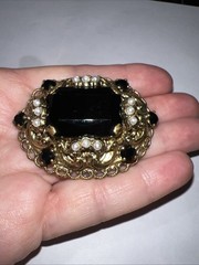 Vintage West Germany Filigree Gold Tone Pearl & Black Rhinestone Brooch Pin