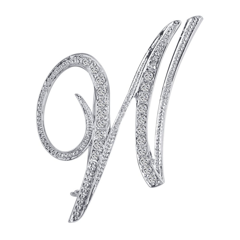 A-Z 26 Letters Pins Brooches Silver Plated Metal Broaches Pins-Clear Crystal …