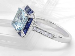 Art-Deco Style Lab Created Aquamarine Sapphire Engagement 14K White Gold FN Ring