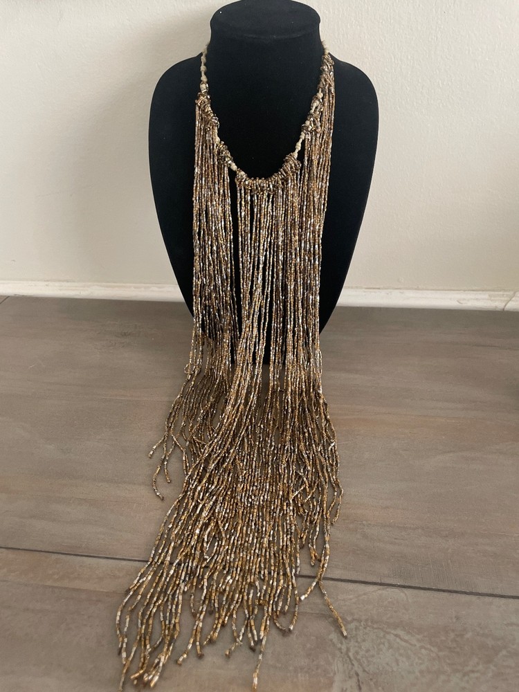 Necklace Statement Fringe Bronze Tone Tassel Beaded Boho Chic Runway Evening