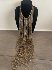 Necklace Statement Fringe Bronze Tone Tassel Beaded Boho Chic Runway Evening