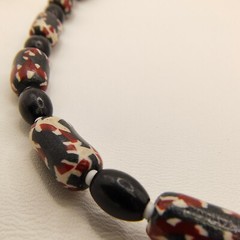 Vintage Barrel Bead Necklace Red Black White Abstract Tribal 22″ Matinee Length