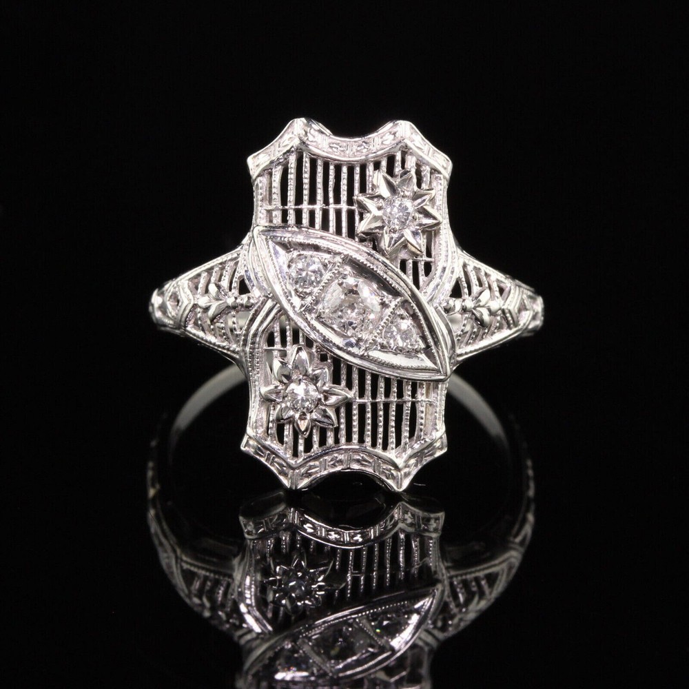 Vintage Style Shield Cocktail Ring 2.2 Ct Simulated Diamond 14k White Gold Over