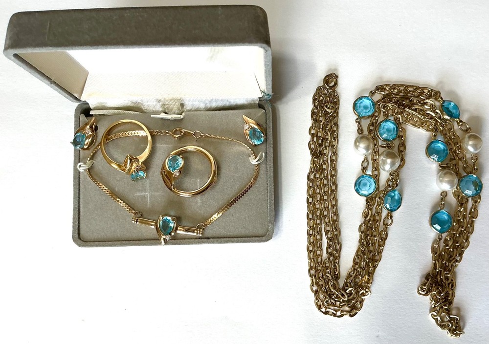 5 PIECE GOLDTONE & BLUE TOPAZ SET, 28” SWAROVSKI CRYSTAL NECKLACE RING ETC 6-154