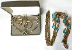 5 PIECE GOLDTONE & BLUE TOPAZ SET, 28” SWAROVSKI CRYSTAL NECKLACE RING ETC 6-154