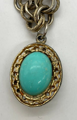 VTG Etruscan Style Faux Pearl Turquoise Gold-tone chunky charm fob bracelet 7″