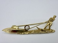 Vintage Brooch Gold Tone Water Ski Skier with Boat Faux Pearl Pin MCM