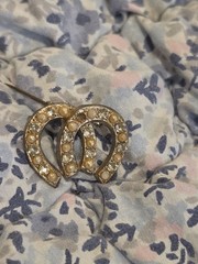 Vintage MCM Silver Tone Double Horseshoe Brooch Faux Pearl Rhinestone Lucky Pin