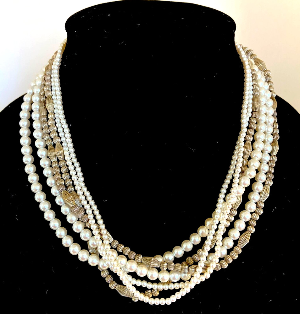 Vintage Carol Lee six strand pearl and metal bead Choker necklace