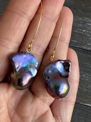 Black Baroque Pearl Earrings, Iridescent Peacock Color, Sterling Silver