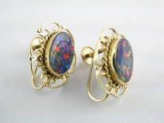 Antique ARA Art Deco 9k Yellow Gold Opal Doublet Screwback Earrings 4.3g .75 In