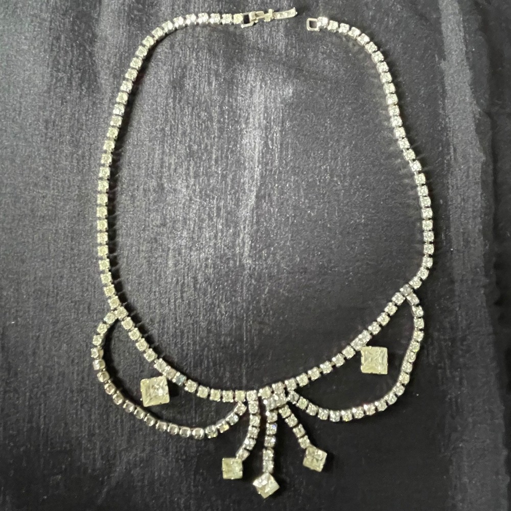 Vintage Silver Tone Rhinestone Bib Fringe Drop Necklace Mid Century festoon