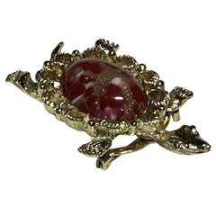 Gerry’s Turtle Brooch Gold Tone Red Lucite Cabochon Tortoise Vintage Pin