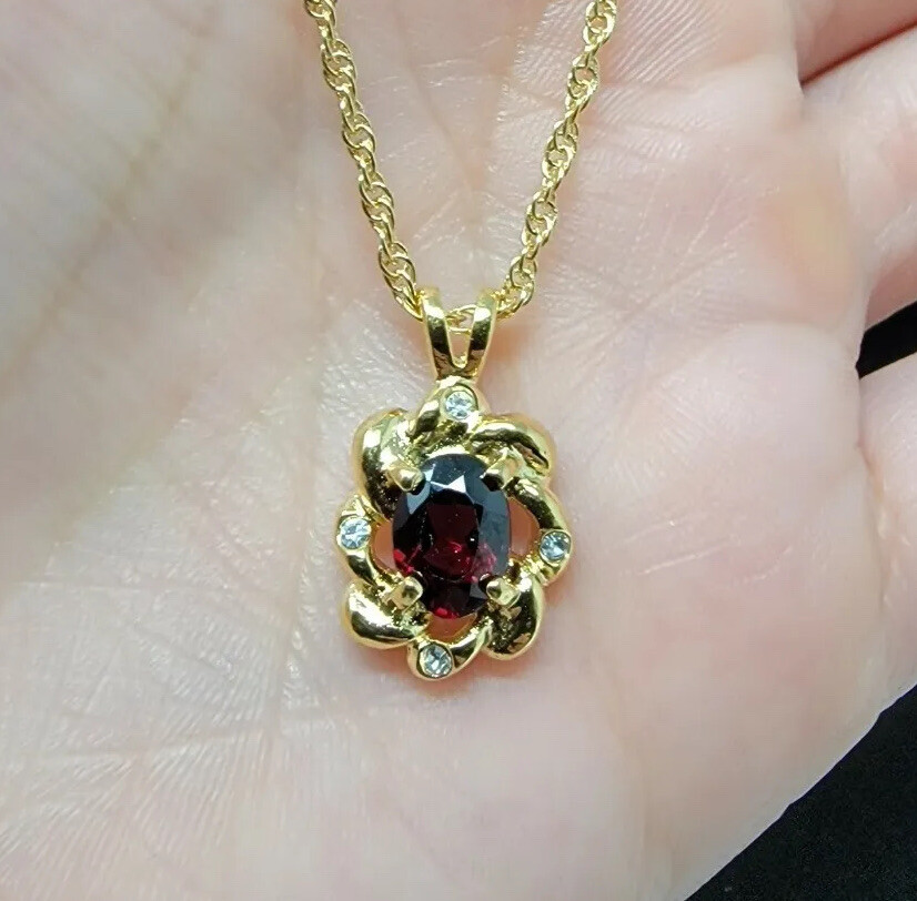 Vintage Gold Tone Red Ruby Cubic Zirconia Pendant Necklace