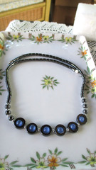 VINTAGE HEMATITE AND BLUE CAT’S EYE 18″ NECKLACE