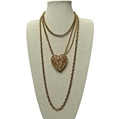 Vintage Layered Necklace Three Strands Puffy Heart Gold Tone Statement 1980s