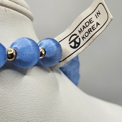 Vintage Blue Satin Silk Thread Wrapped Bead Necklace Gold Tone Spacers Korea NOS