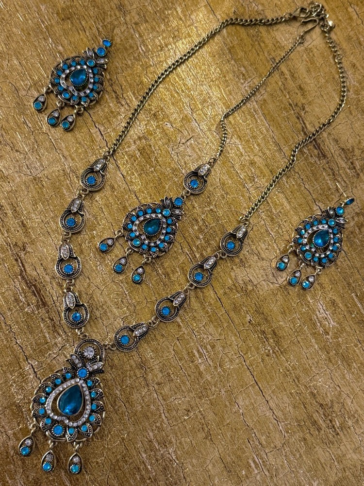 Art Deco Style Estate Blue Rhinestone Lavalier Necklace Earring Demi-Parure Set