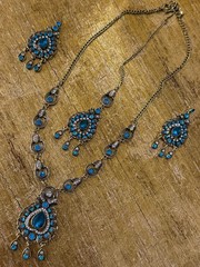 Art Deco Style Estate Blue Rhinestone Lavalier Necklace Earring Demi-Parure Set