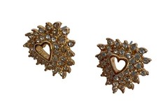 Jewelry -Earrings Marked ROMAN Gold-Tone Heart-Shaped Rhinestone Crystal Studded