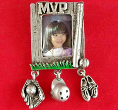 VTG c1980’s DANECRAFT MVP BASEBALL PHOTO FRAME DANGLE CHARM PEWTER BROOCH PIN