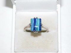 Banded Blue Glass Stone Silver tone Solitaire sz 10 Ring