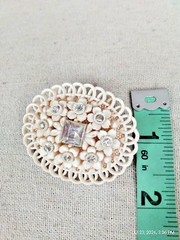Vintage Celluloid Floral Brooch Cream Color with Rhinestones and Swirl Edging