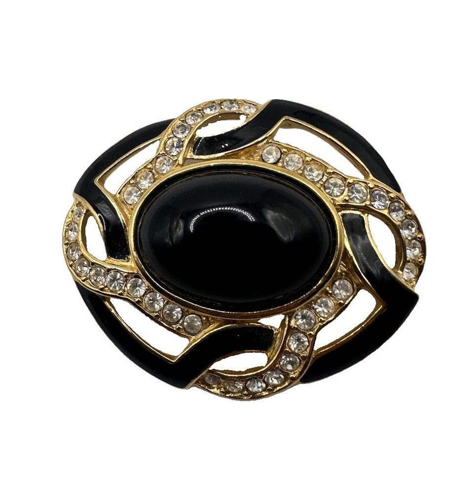 Vintage Trifari Gold Toned Black Enamel Oval Cabochon 2” Brooch Pin 80s-90s