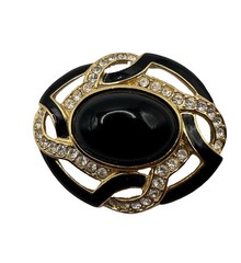 Vintage Trifari Gold Toned Black Enamel Oval Cabochon 2” Brooch Pin 80s-90s