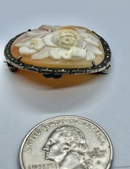 Vintage Carved Shell Rose Cameo Pin Brooch Pendant High Relief 800 Silver Frame
