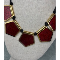 Vintage Yves Saint Laurent YSL Red Gold Pentagonal Statement Cord Necklace