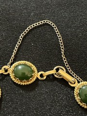 Vintage Gold Plated Nephrite Jade Link Bracelet Oval Cabochon Safety Chain 7″