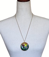 Vtg MCM Enamel Copper Pendant Necklace Large 2.25″ Glass Cabochon Retro Atomic