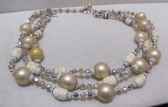 Vtg VENDOME Creamy Beige Sugar Glass Bead Aurora Borealis Crystal 3-Strand Neckl