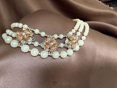 Vintage 1950s Triple Strand Faux Pearl Champagne Rhinestone Statement Choker
