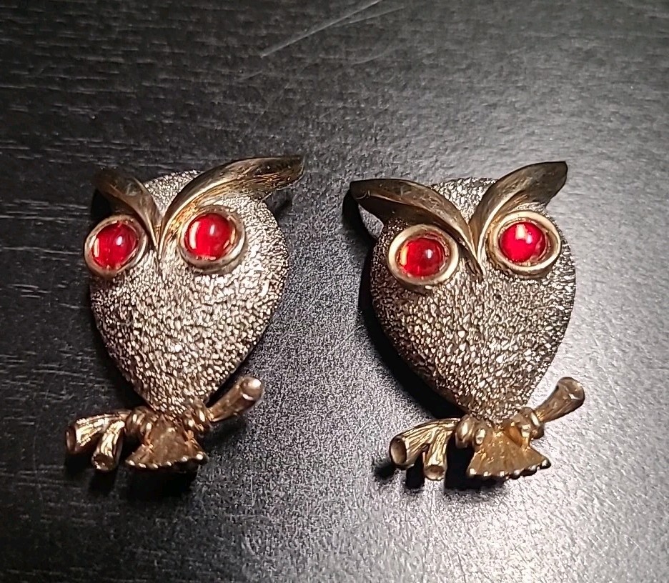 Vintage Red Cabochon Rhinestone Owl Brooch Silver Tone Lot Of 2