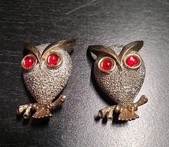 Vintage Red Cabochon Rhinestone Owl Brooch Silver Tone Lot Of 2