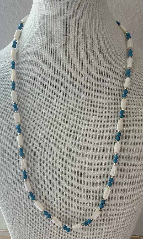 Mother of Pearl Blue Natural Stone and Plastic Gold Tone Beaded Barrel Necklace