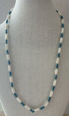 Mother of Pearl Blue Natural Stone and Plastic Gold Tone Beaded Barrel Necklace