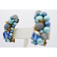 Japan Vintage Beaded Clip On Earrings Blue Crystal Cluster Chunky Signed BinU