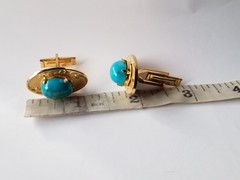 Vintage Matching Set Cufflinks, Tie Bar & Tack Gold Tone W Faux Turquoise Stones