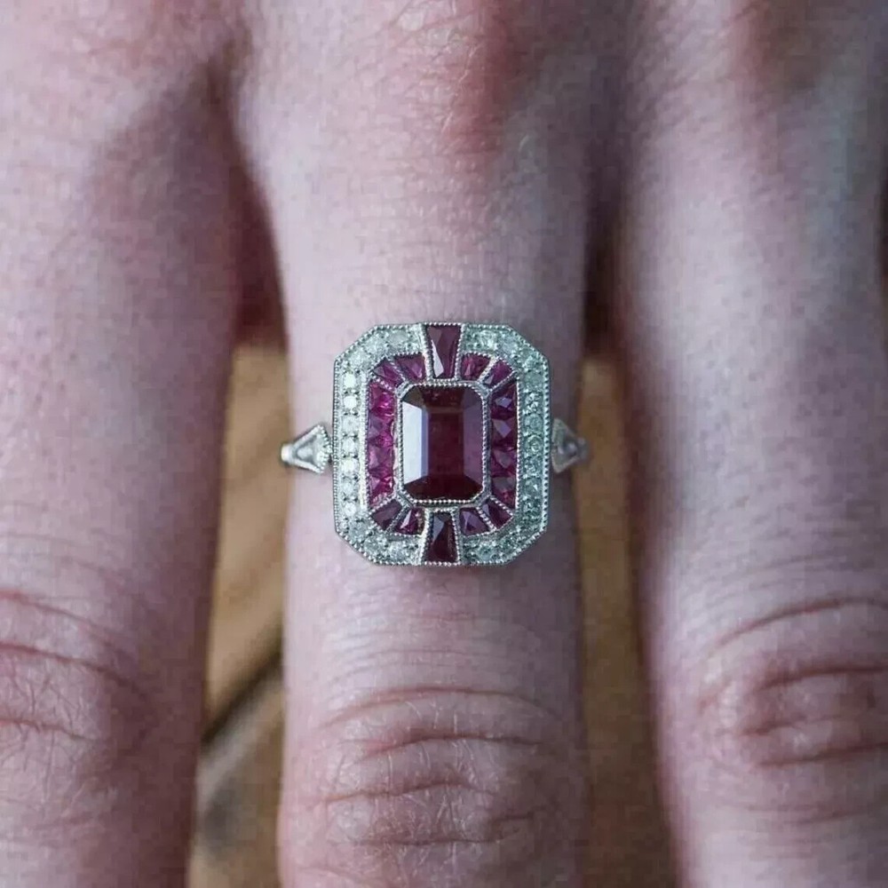 Art Deco Style Ruby & Lab Created Diamond Engagement Ring 14k White Gold Finish