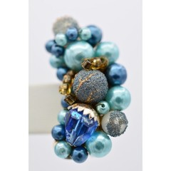 Japan Vintage Beaded Clip On Earrings Blue Crystal Cluster Chunky Signed BinU