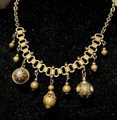 Antique Deco Book Link Chain Brass Choker Dangle Brass Beads Gold Fill Fobs 15”