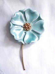 Vintage large enamelled turquoise flower brooch, 3.75 inches