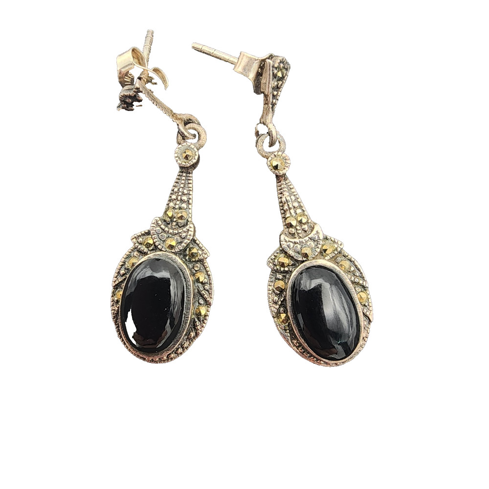 FAS Vintage Deco Sterling Silver Black Onyx Marcasite Dangle Drop Earrings 925