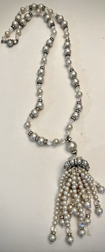 Vintage Long Faux Pearl Flapper Necklace/Crystals/Roundels w/Rhinestones/Tassel