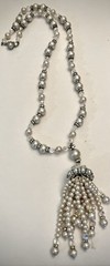 Vintage Long Faux Pearl Flapper Necklace/Crystals/Roundels w/Rhinestones/Tassel